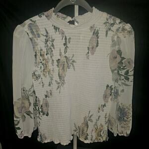 Socialite Floral Smocked Mock Neck Blouse White Large Puff Sleeve Ruched Top